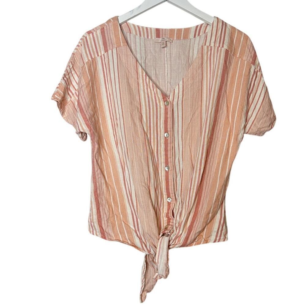 Peach Pink Orange Size Large Tie Front Button Down Summer Linen Blend Blouse Top